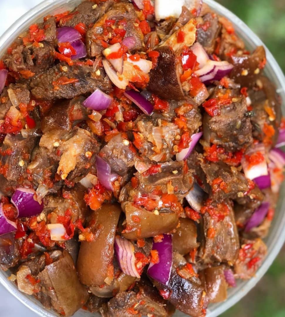 Freshly seasoned spicy asun goat meat