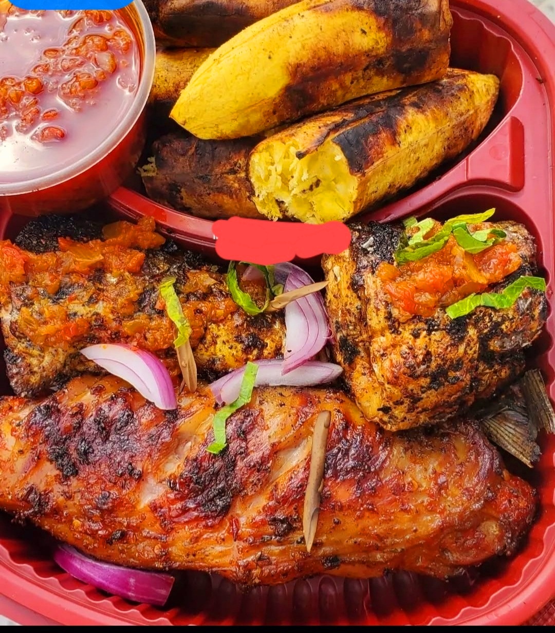 Grilled Fish and Roast Plantain Bole combo pack with spicy pepper sauce
